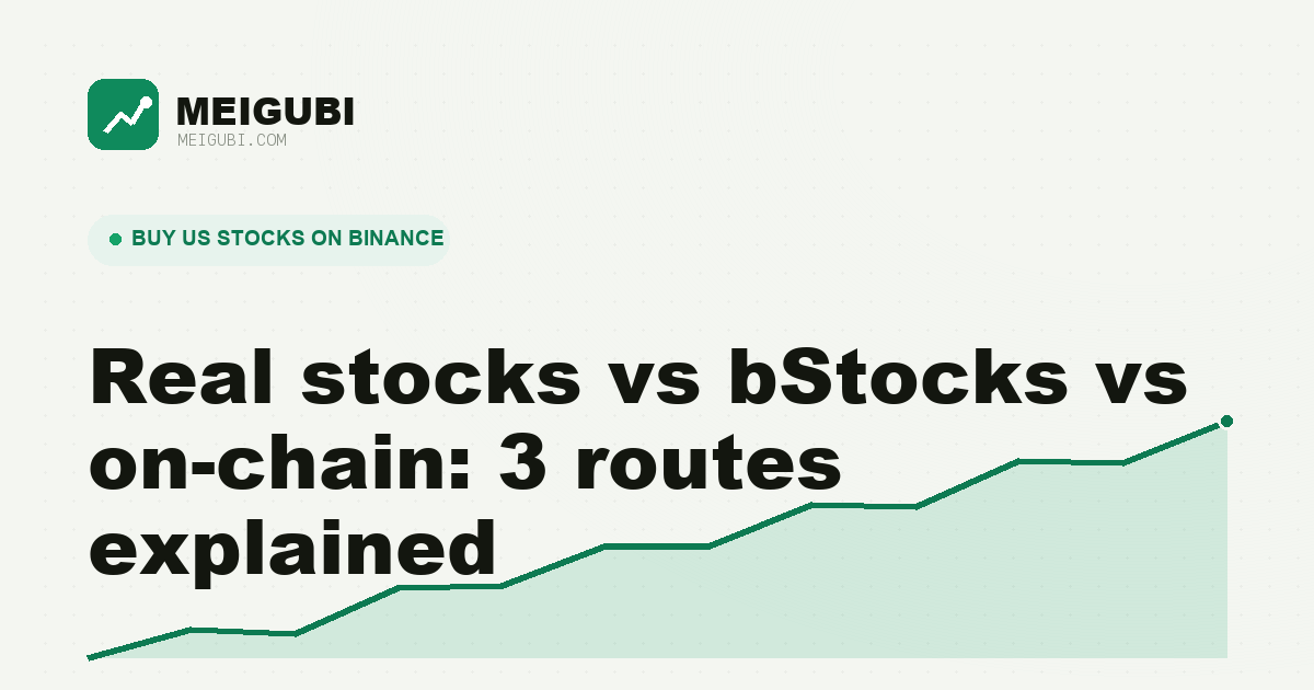 Tiga cabang jalan menuju sertifikat saham asli, token bStocks, dan token saham on-chain, menggambarkan perbandingan tiga cara beli saham AS pakai kripto